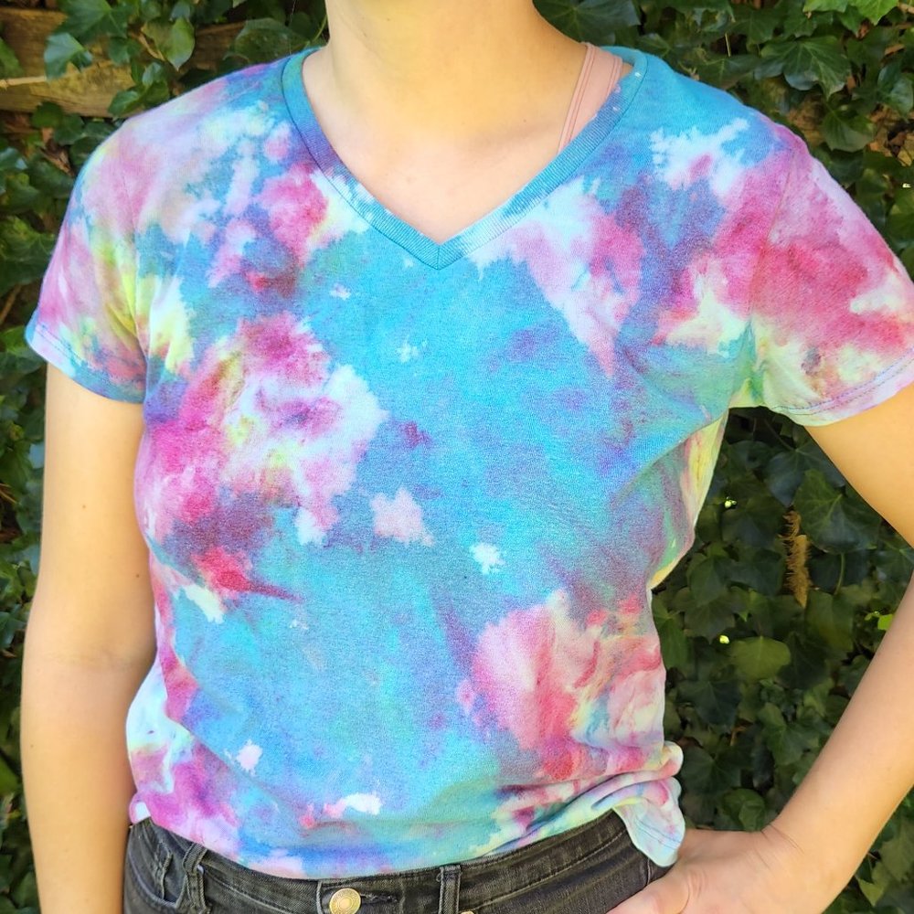 hand-tie-dyed V-neck shirt (Medium, fitted). Rainbow on Blue
